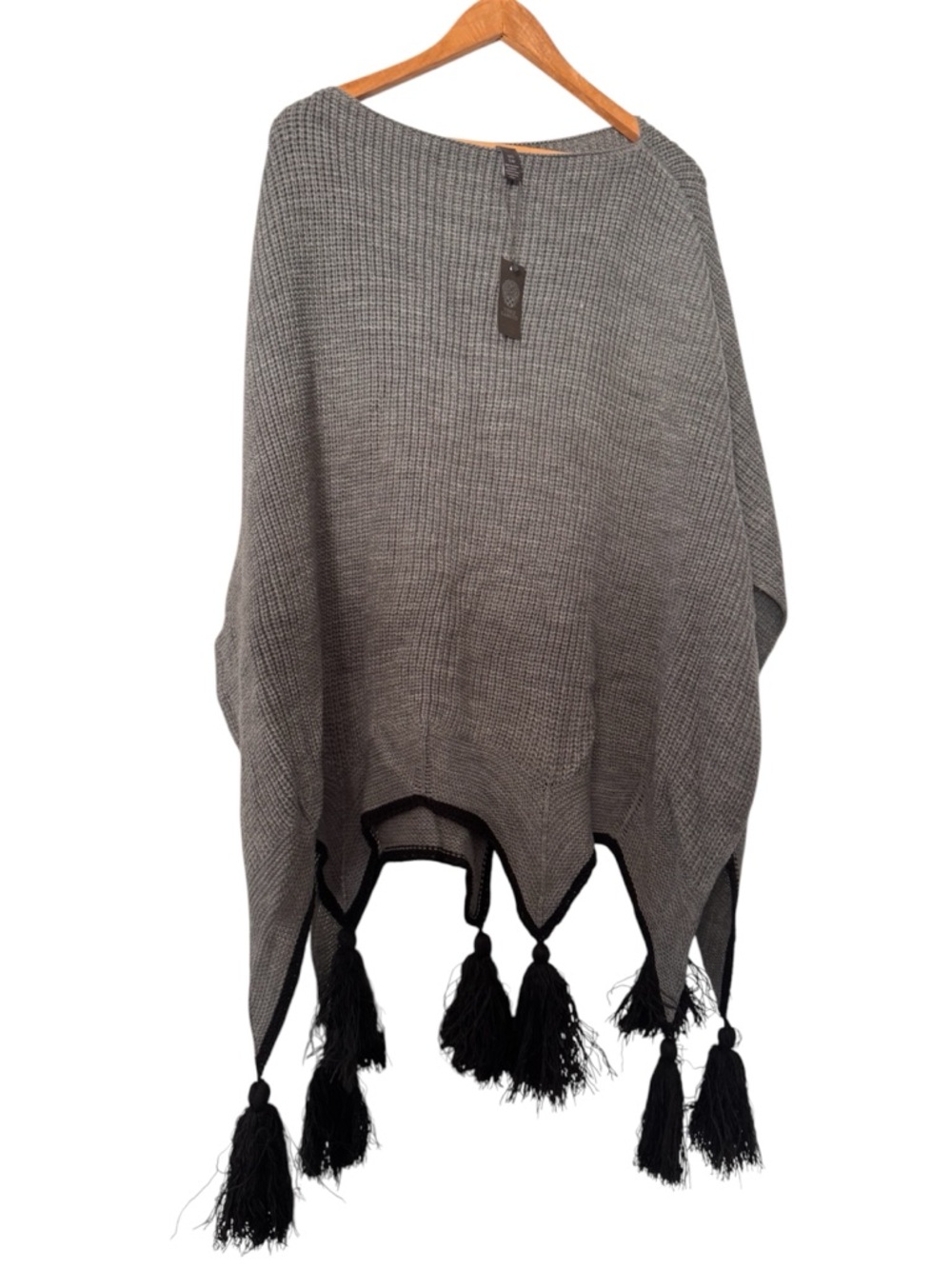Vince Camuto Gray Knit Tassel Poncho with Black Trim